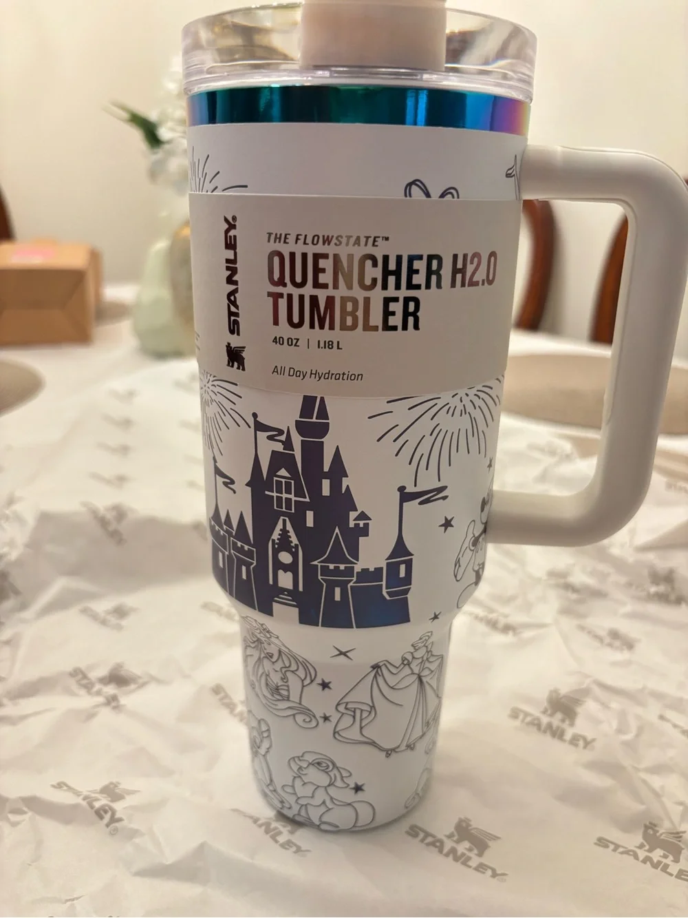 Stanley White Quencher Tumbler with Navy Castle & Character Artwork